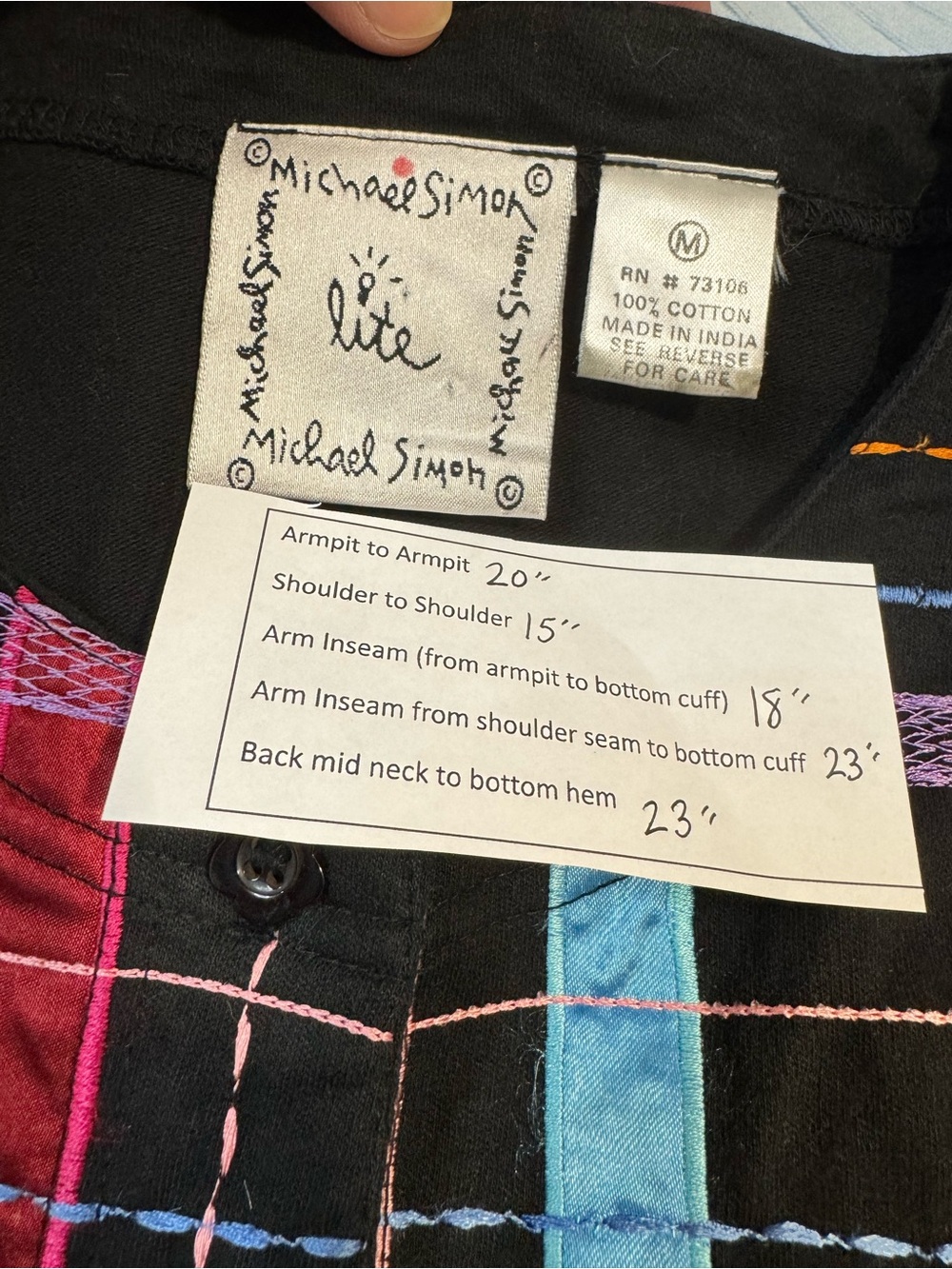 Michael Simon Lite Cotton Jacket M Colorful Plaid Patchwork Embroidered Art Wear - Picture 8 of 8